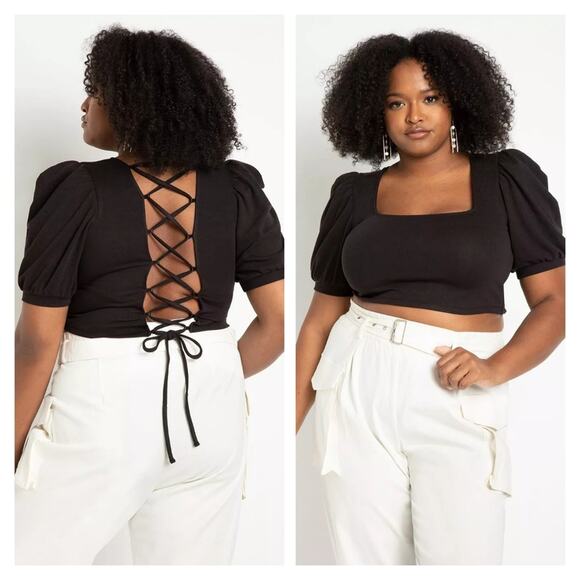 Eloquii Tops - Eloquii puff sleeve black crop top, square neck, lace up back, size 22/24, NEW